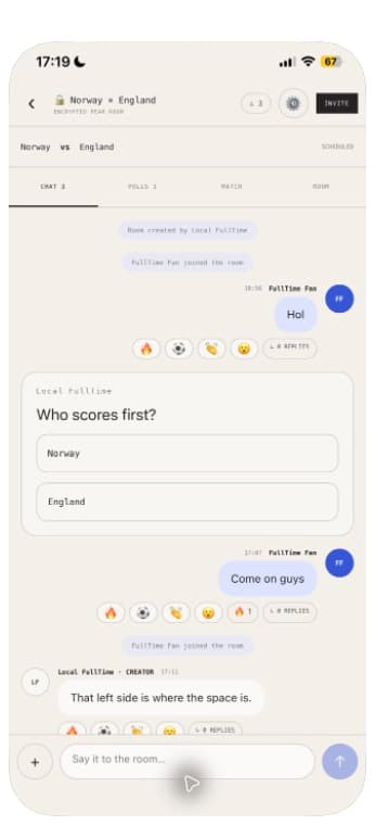 The Norway versus England FullTime room on iPhone with chat, reactions, and the poll